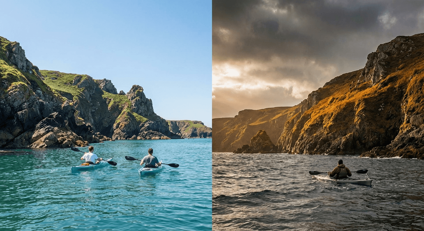 Seasonal sea kayaking in Ireland showing summer and autumn conditions