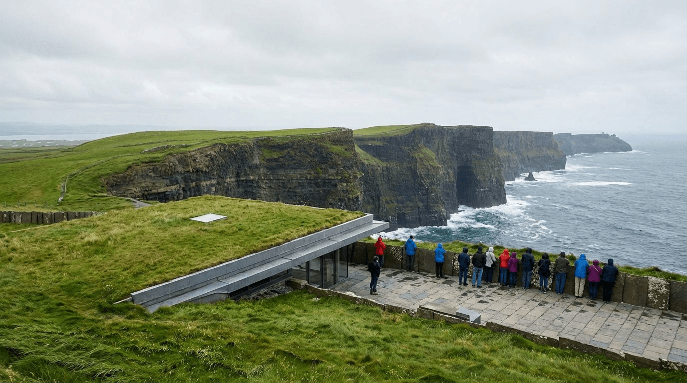 The Cliffs of Moher Visitor Centre with modern architecture blending into the hillside, people on viewing platform, cliffs stretching into distance