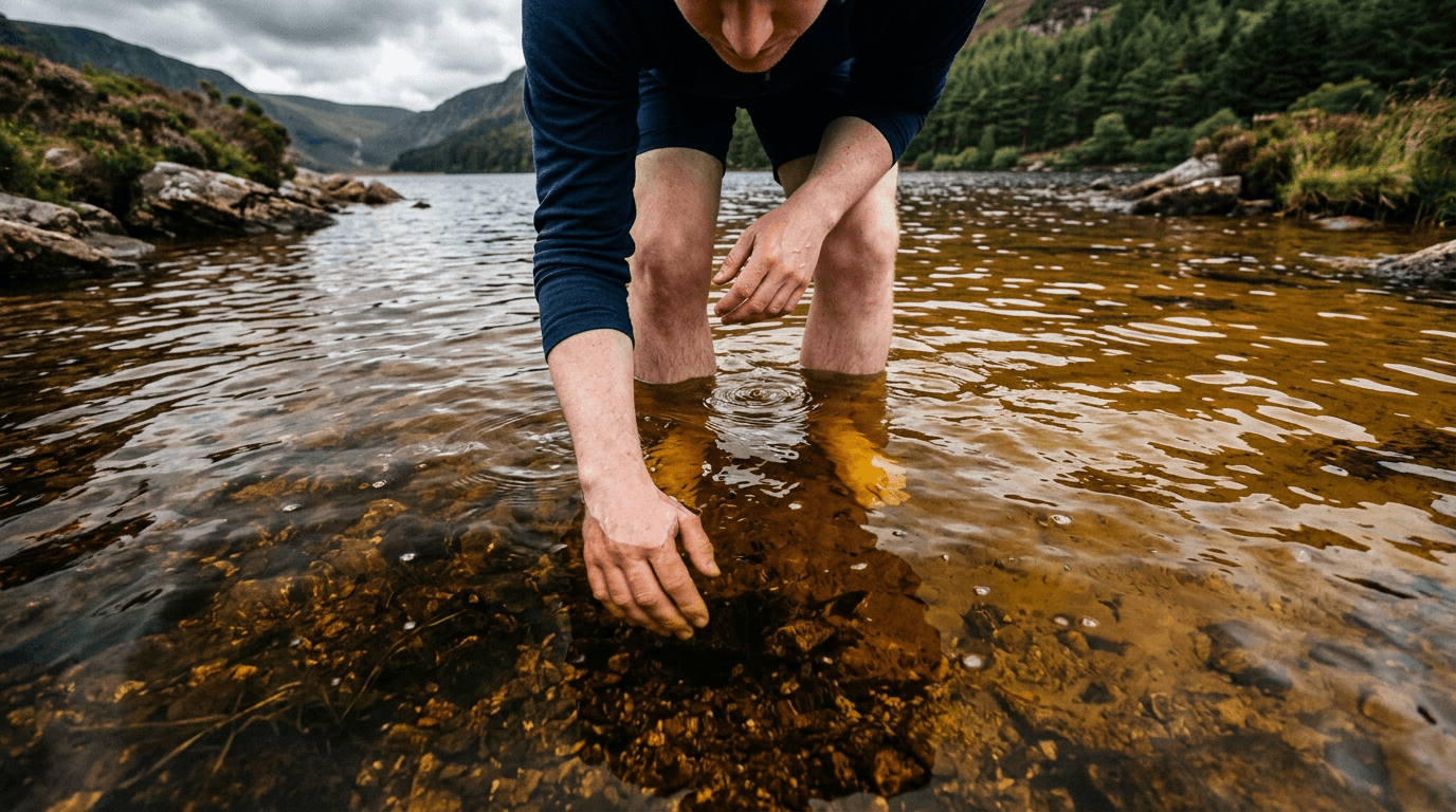 The rich, golden-brown, peat-stained water typical of Irish lakes and loughs.