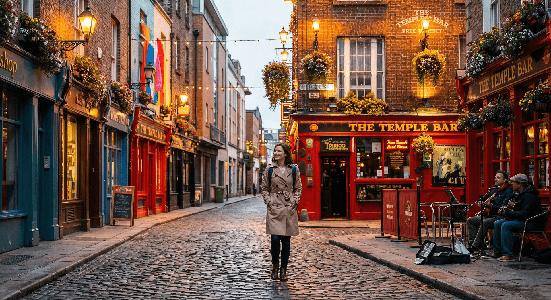Colorful street scene in Dublin Temple Bar area at evening with solo woman walking