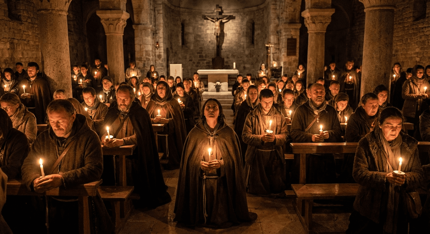 Pilgrims gathered in candlelit prayer inside the basilica at Lough Derg