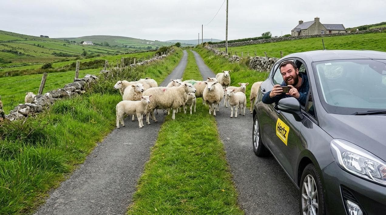 The reality of driving in rural Ireland: Sheep traffic jams on narrow roads.