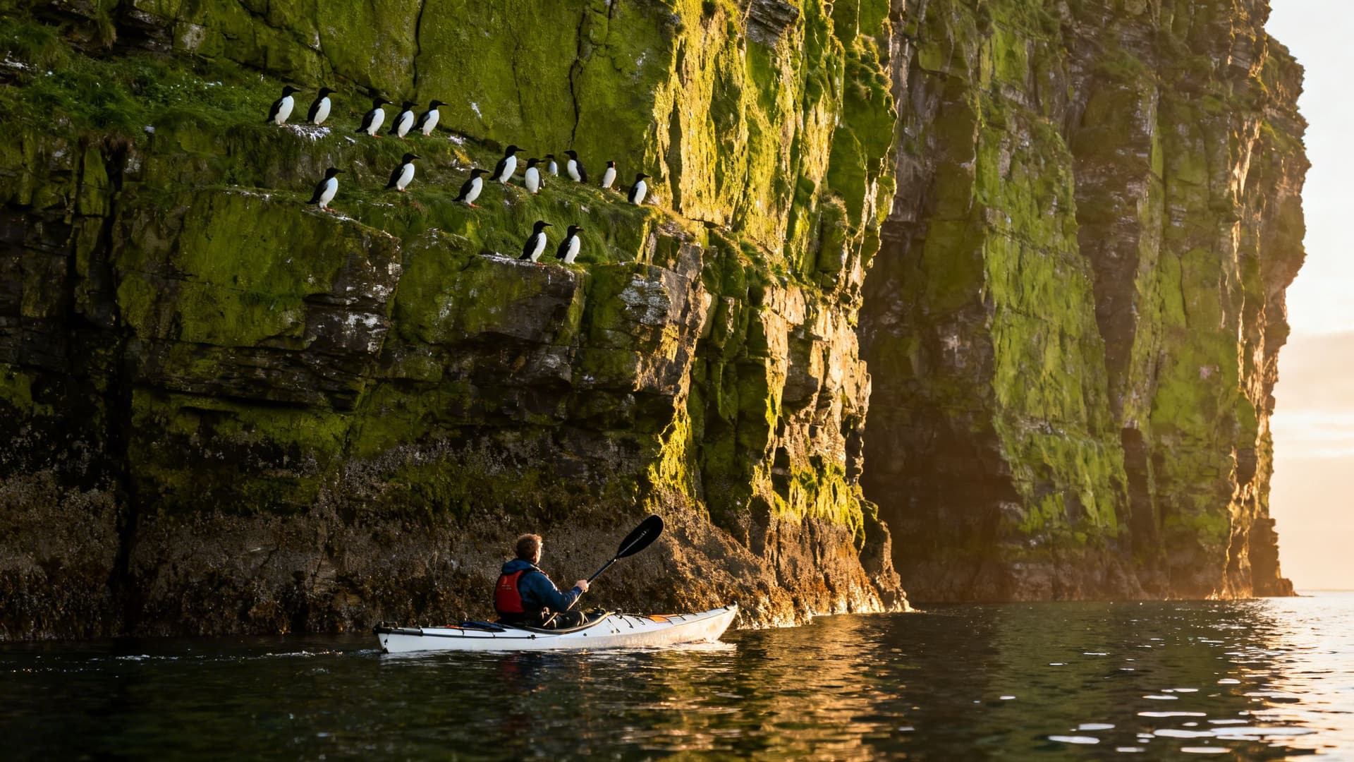Sea kayakers rounding a rocky headland on the Irish Atlantic coast, viewed from water level with green cliffs and seabirds visible