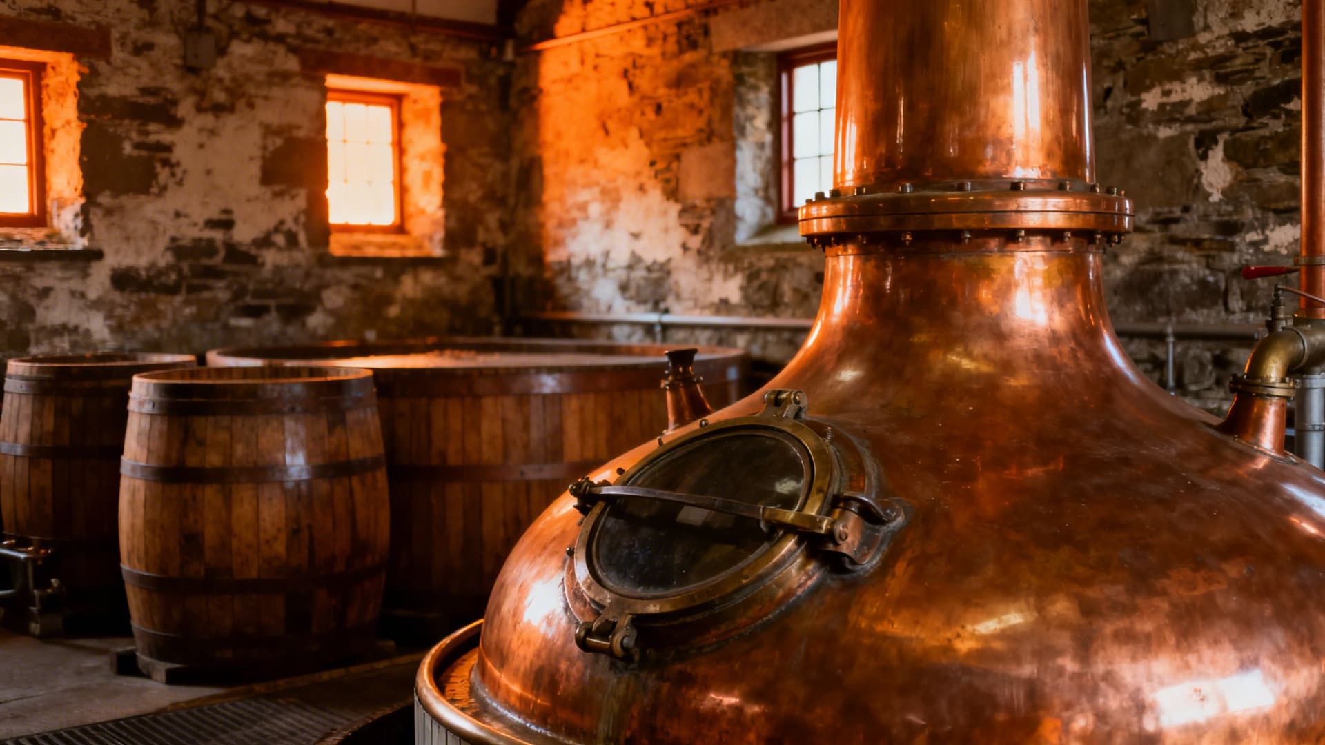 The original pot still and waterwheel at Locke's Distillery in Kilbeggan, County Westmeath, the world's oldest licensed pot still distillery