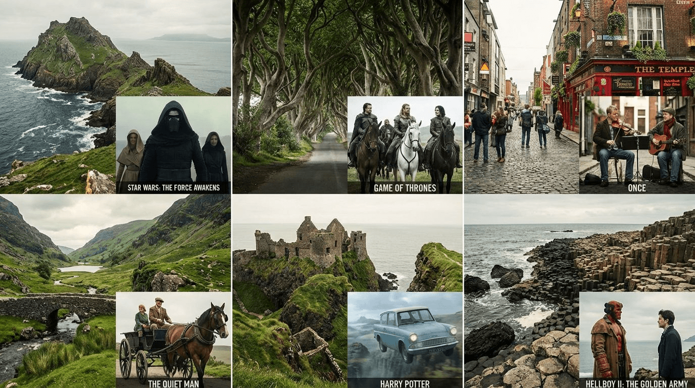 Collage showing scenes from multiple films side by side with their Irish locations