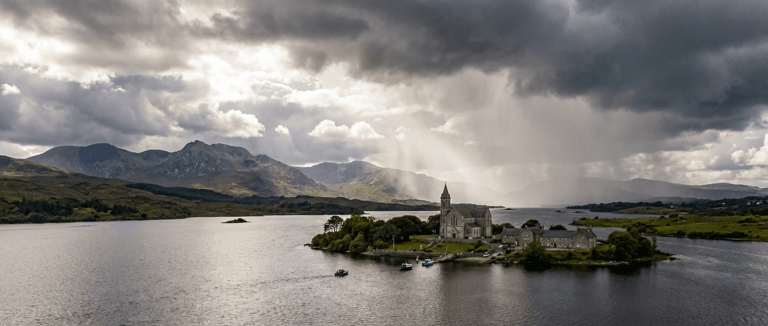 Panoramic view of Lough Derg lake with Station Island and surrounding Donegal landscape