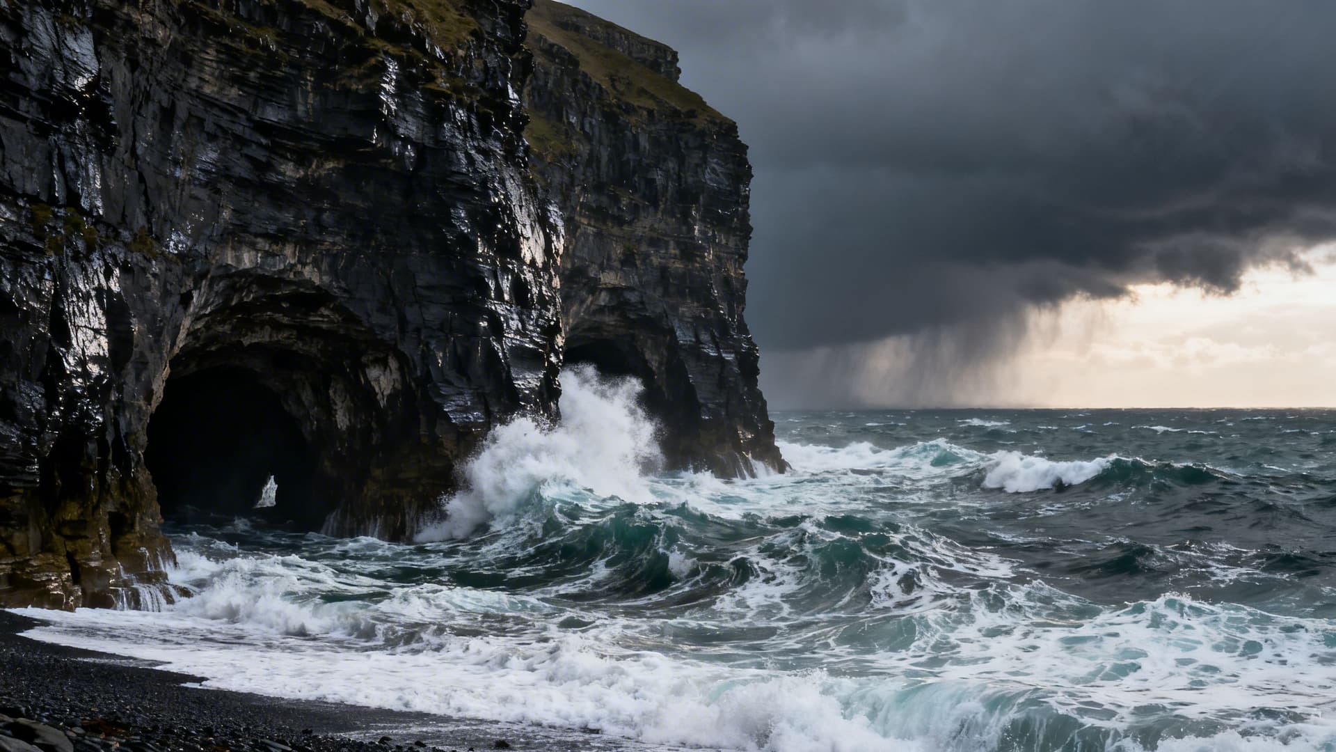 Aerial view of Atlantic swell rolling toward the base of the Cliffs of Moher on the Clare coast of Ireland