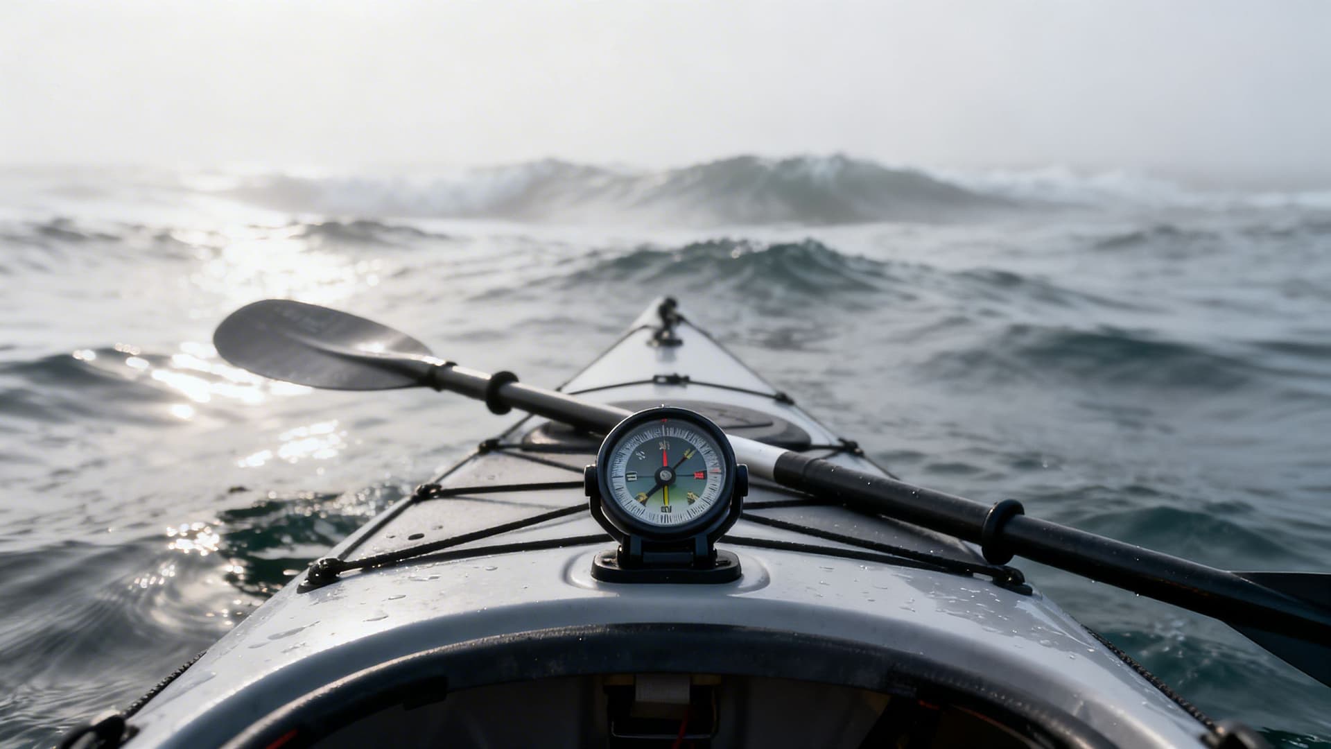 View from a kayak cockpit looking out across an Atlantic swell toward a rocky Connemara headland, deck-mounted compass in foreground, light sea mist