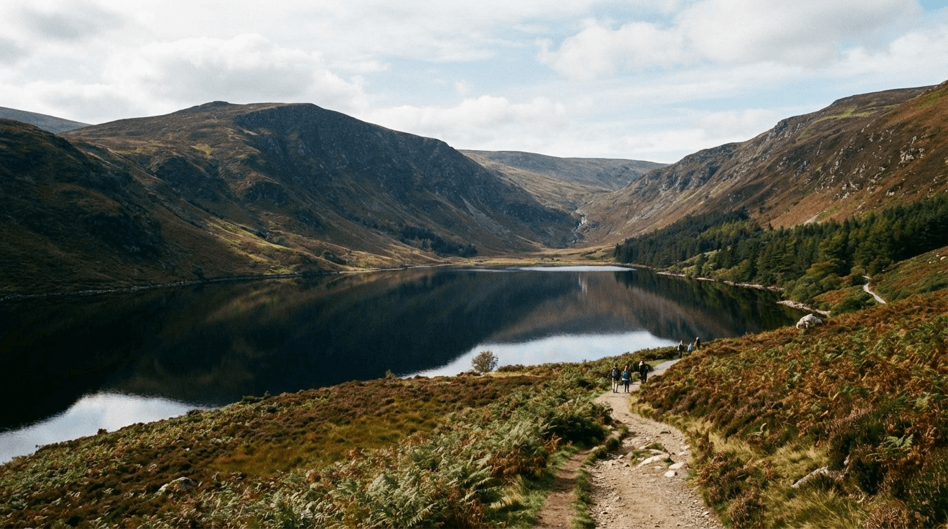Lough Dan in Wicklow, showing accessible mountain lake with similar dramatic scenery to Lough Tay