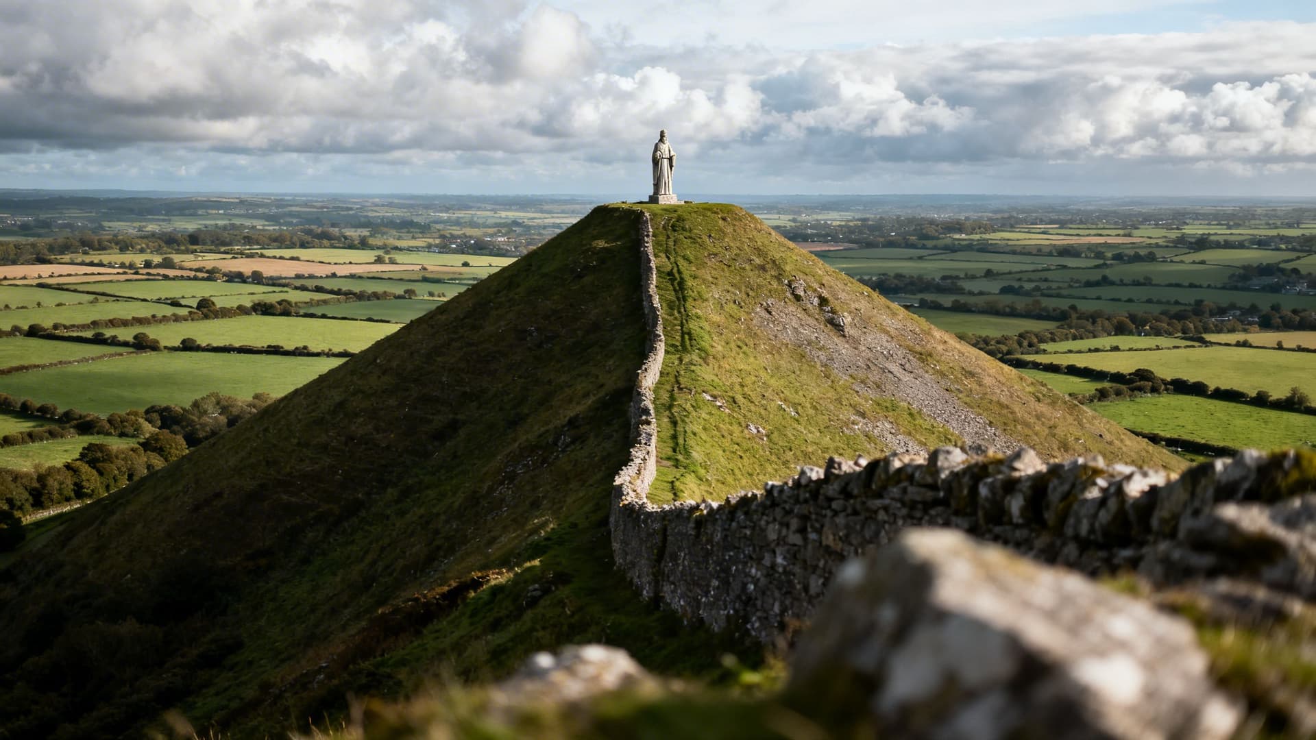 Granard Motte rising from the County Longford midlands landscape with views across the region
