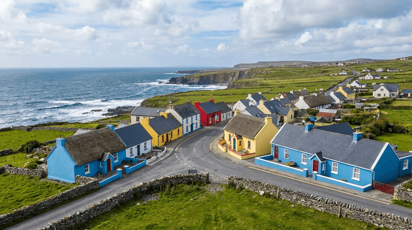 Colorful village of Doolin with traditional cottages and Atlantic coast