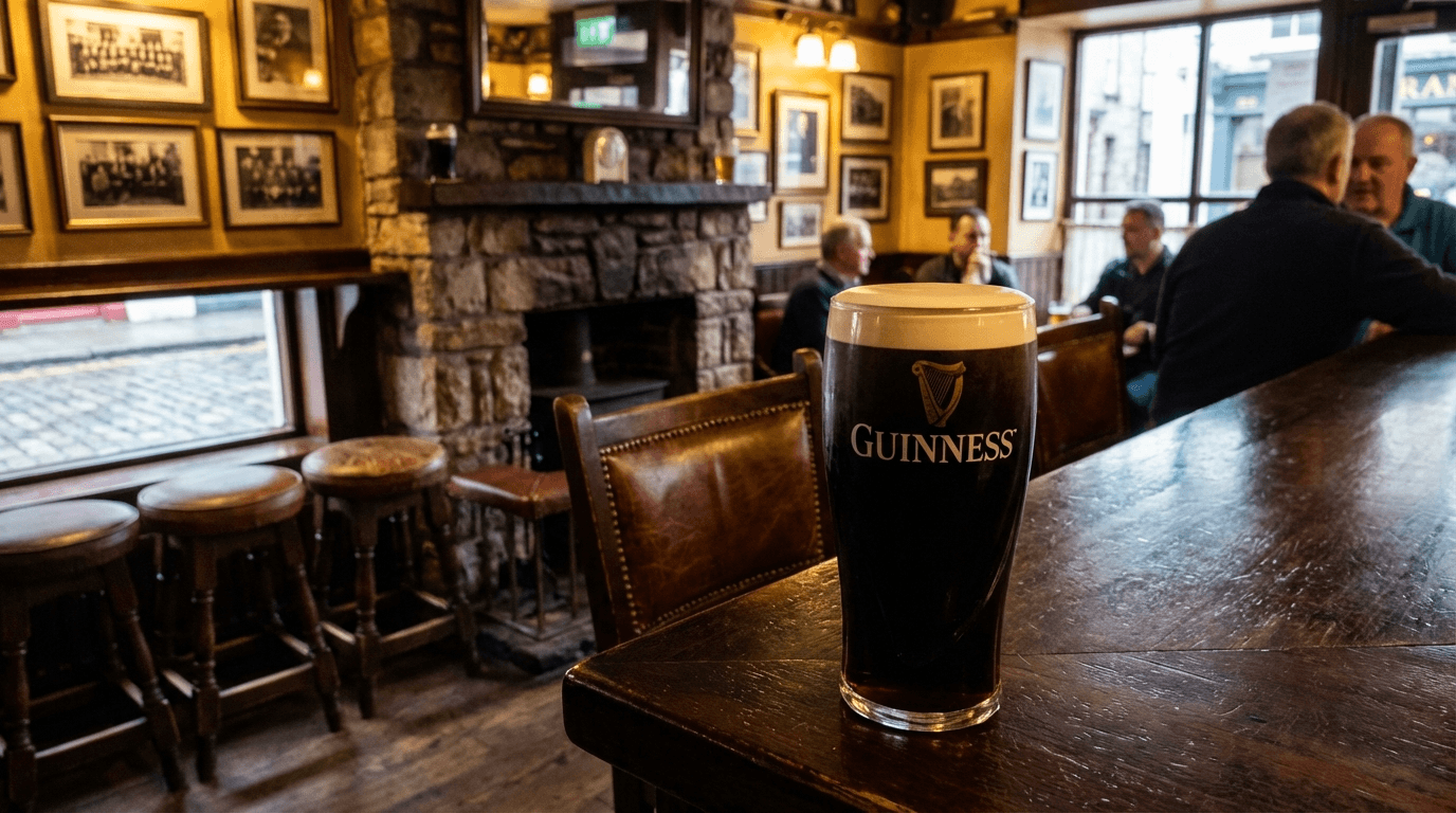 Perfect pint of Guinness with creamy white head settling on bar counter, traditional Irish pub setting