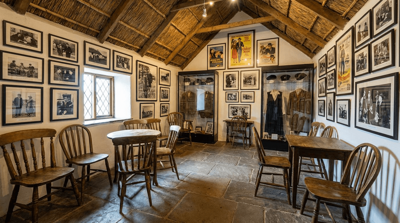Interior of the Quiet Man Museum showing period furniture, thatched roof replica, film memorabilia and photographs on walls