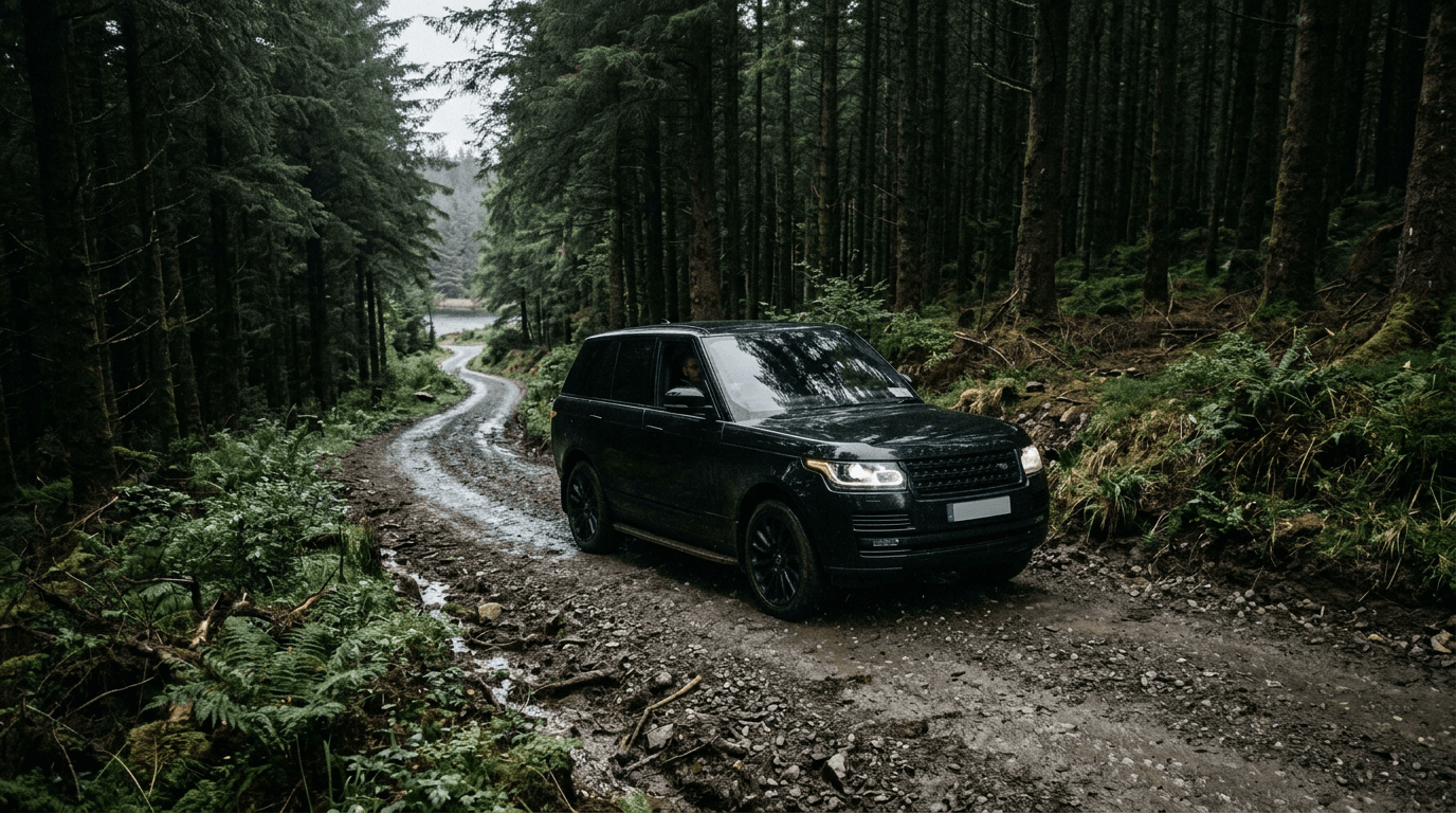 A private driver navigating a challenging gravel forestry road to reach a secluded Irish lake.