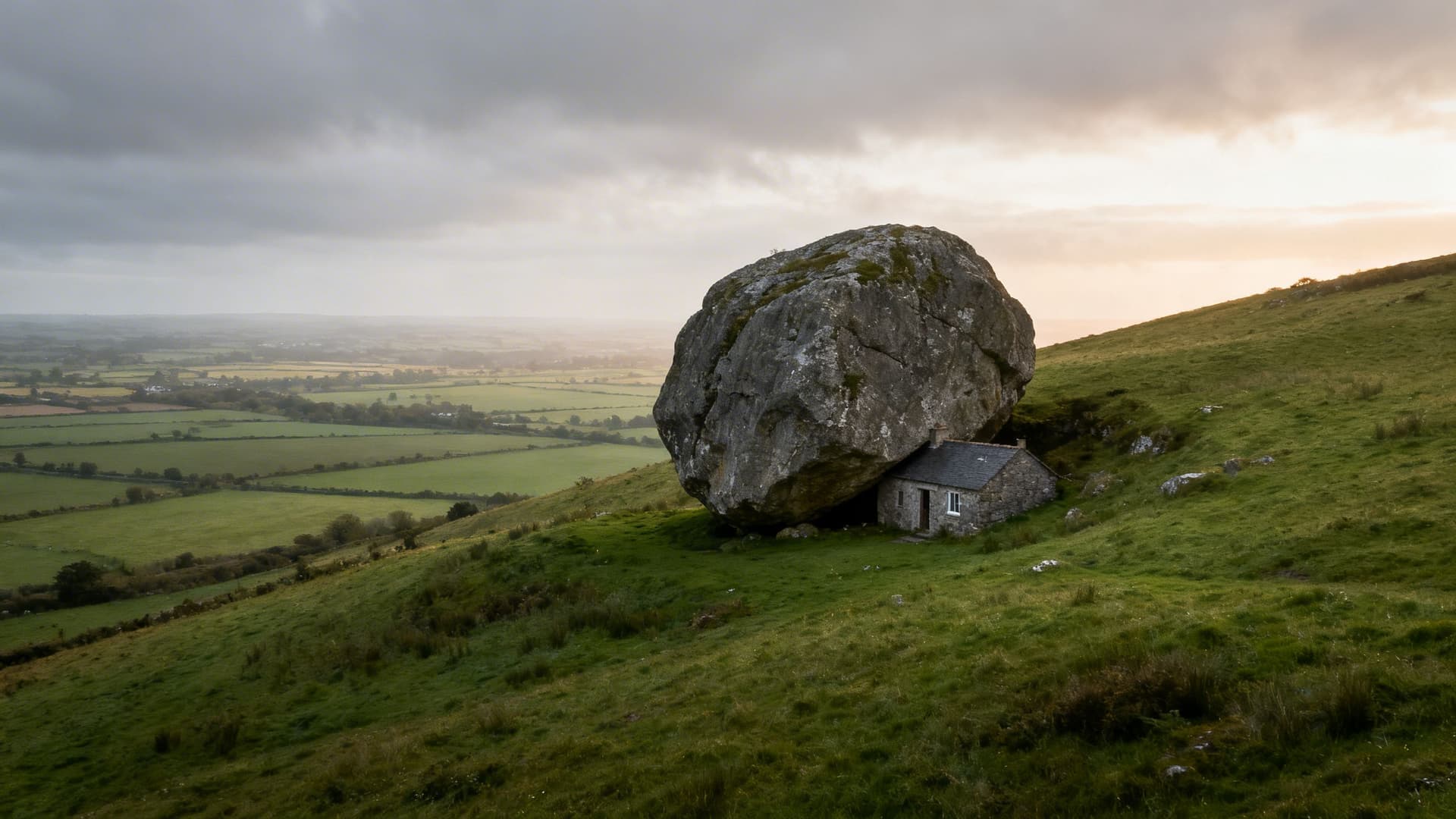 The Catstone glacial erratic on the Hill of Uisneach in County Westmeath, with the open midland plain stretching to the horizon