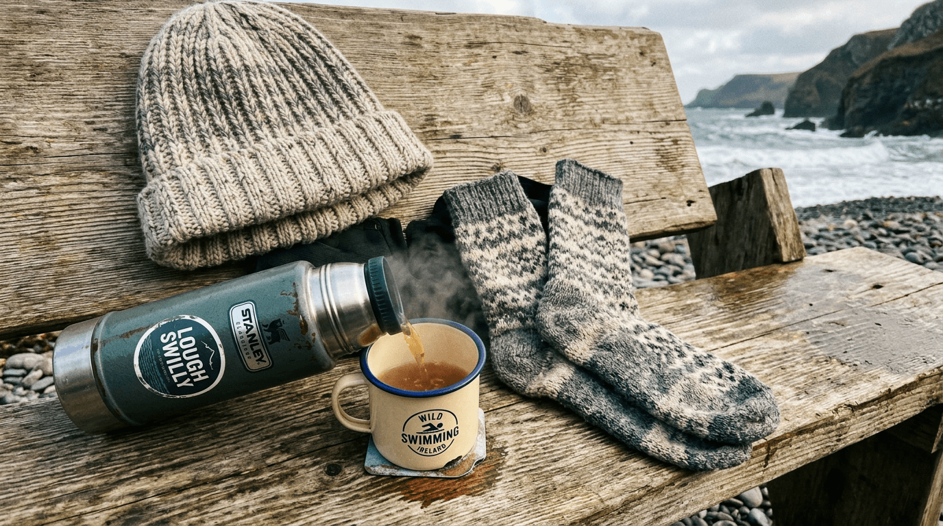 A post-swim warm-up kit featuring a hot flask, woolen hat, and thick socks.