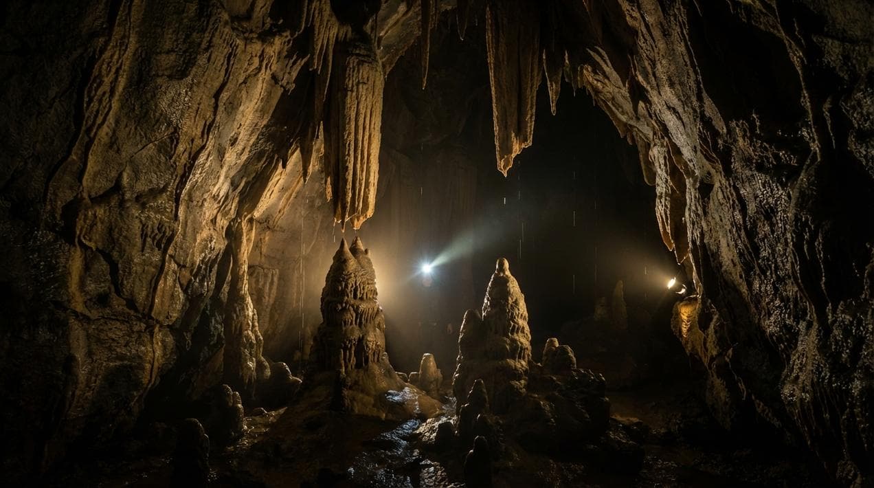 Interior of Dunmore Cave in County Kilkenny showing limestone formations, site of Viking massacre in 928 AD