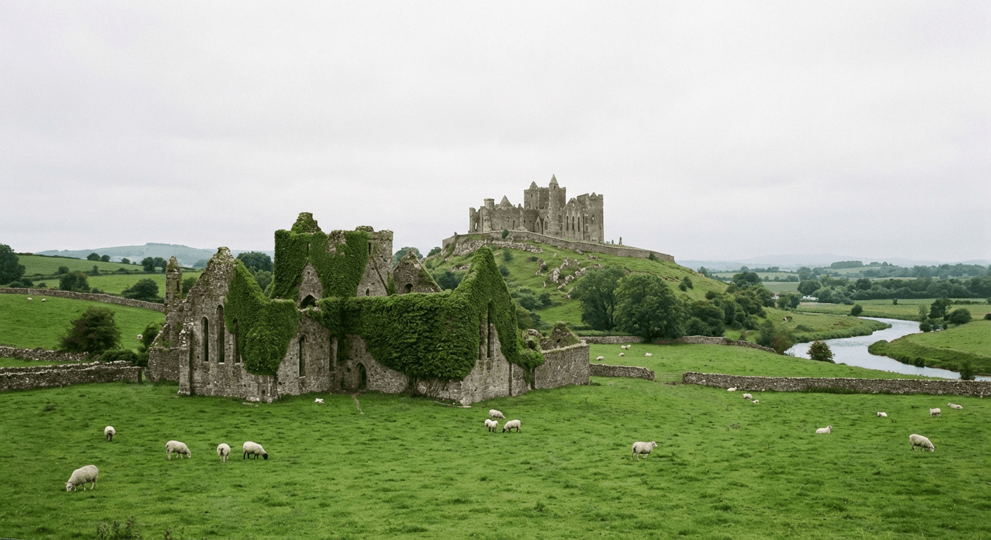 The ruins of Hore Abbey seen from across green fields with the Rock of Cashel visible in the background