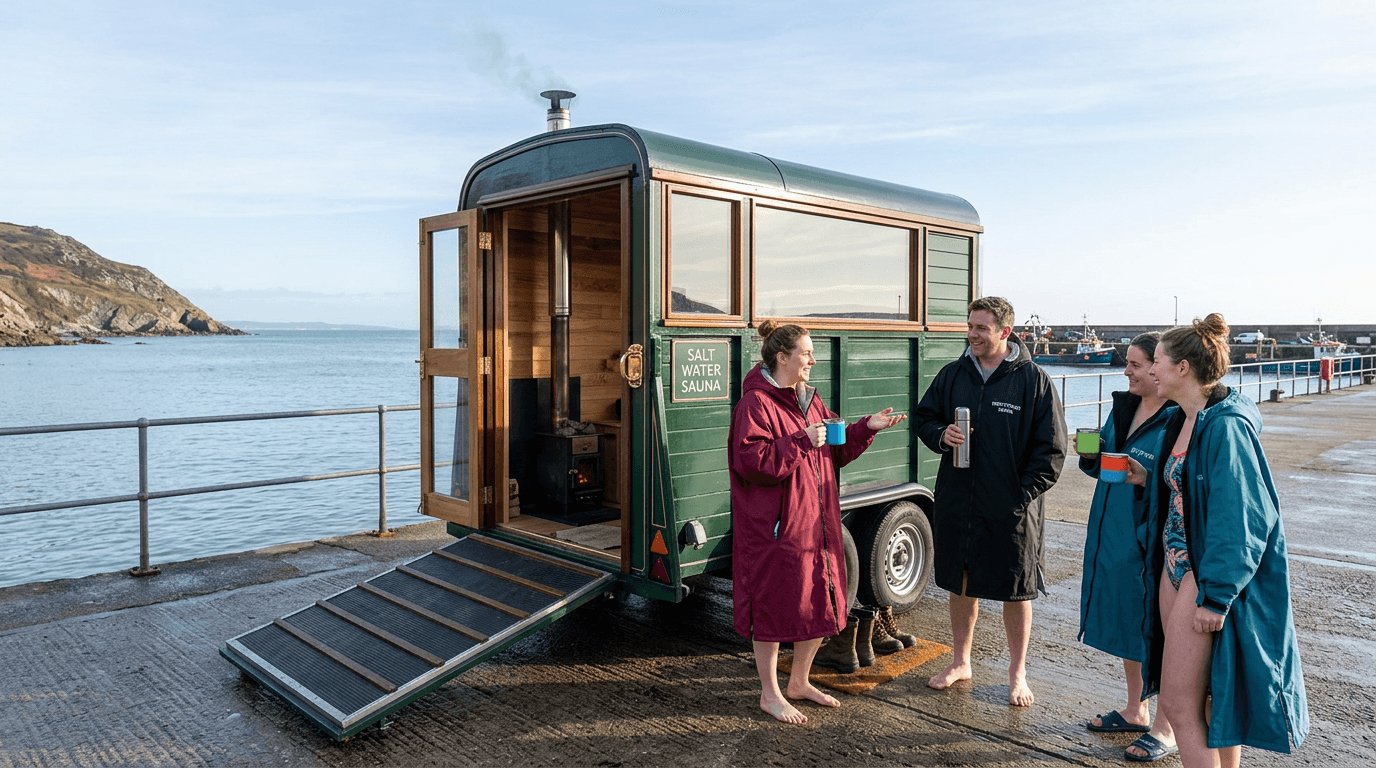 A converted horsebox outdoor sauna on the coast near Dublin, Ireland.