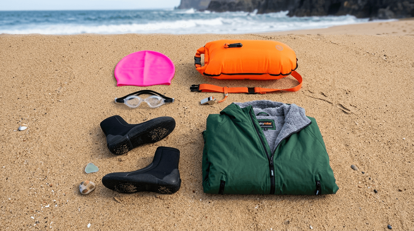 Essential safety gear for wild swimming in Ireland, including a tow float, bright cap, and neoprene booties.