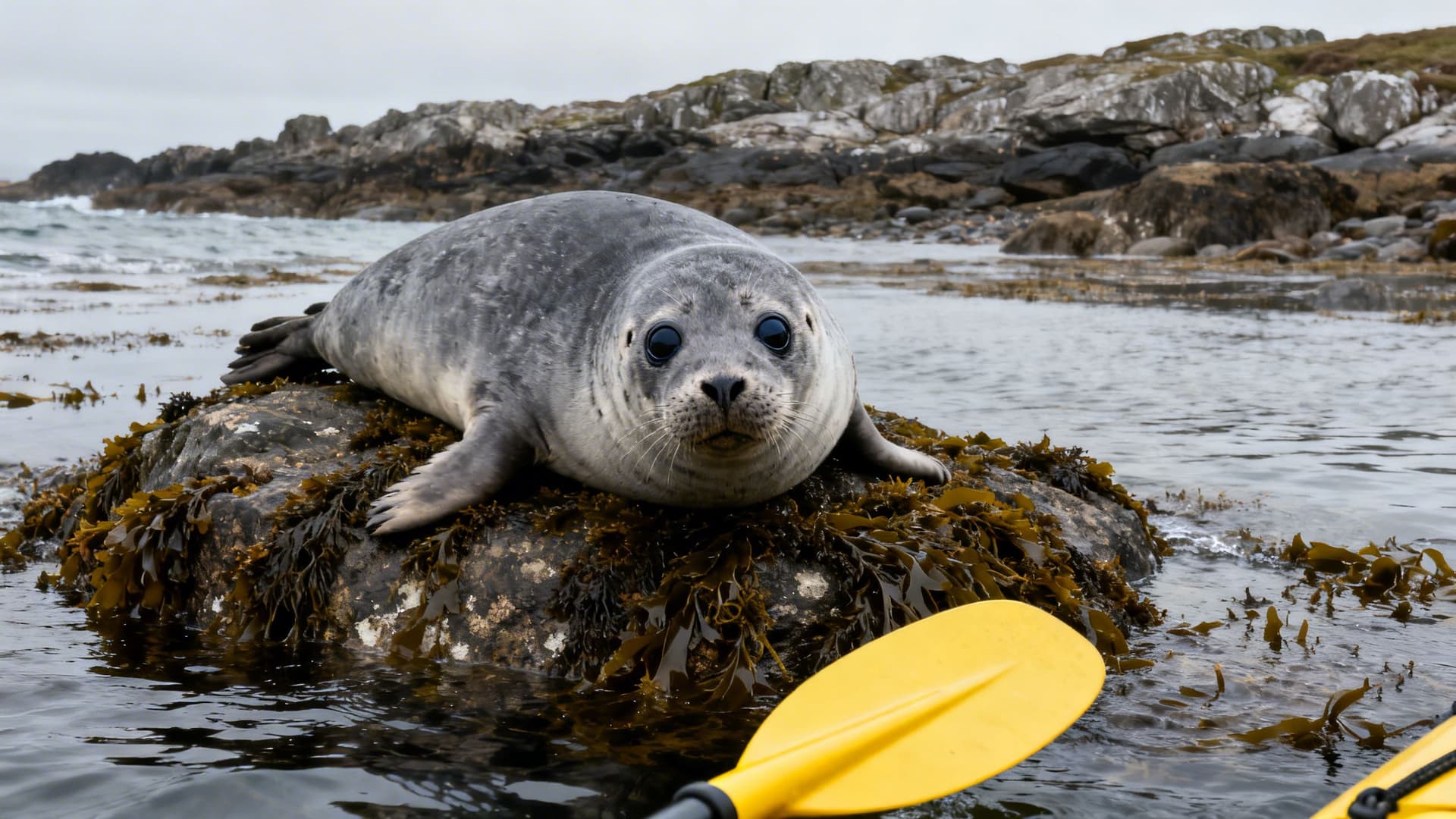 Grey seal resting on a kelp-covered rock close to a Connemara shoreline, a kayak paddle visible at the edge of the frame