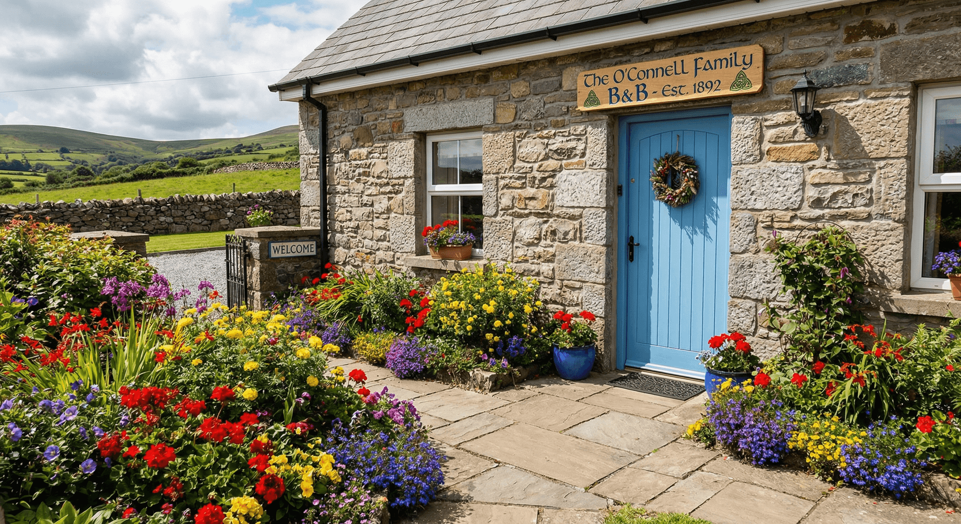 Charming Irish B&B exterior with colorful flower garden and welcoming front door