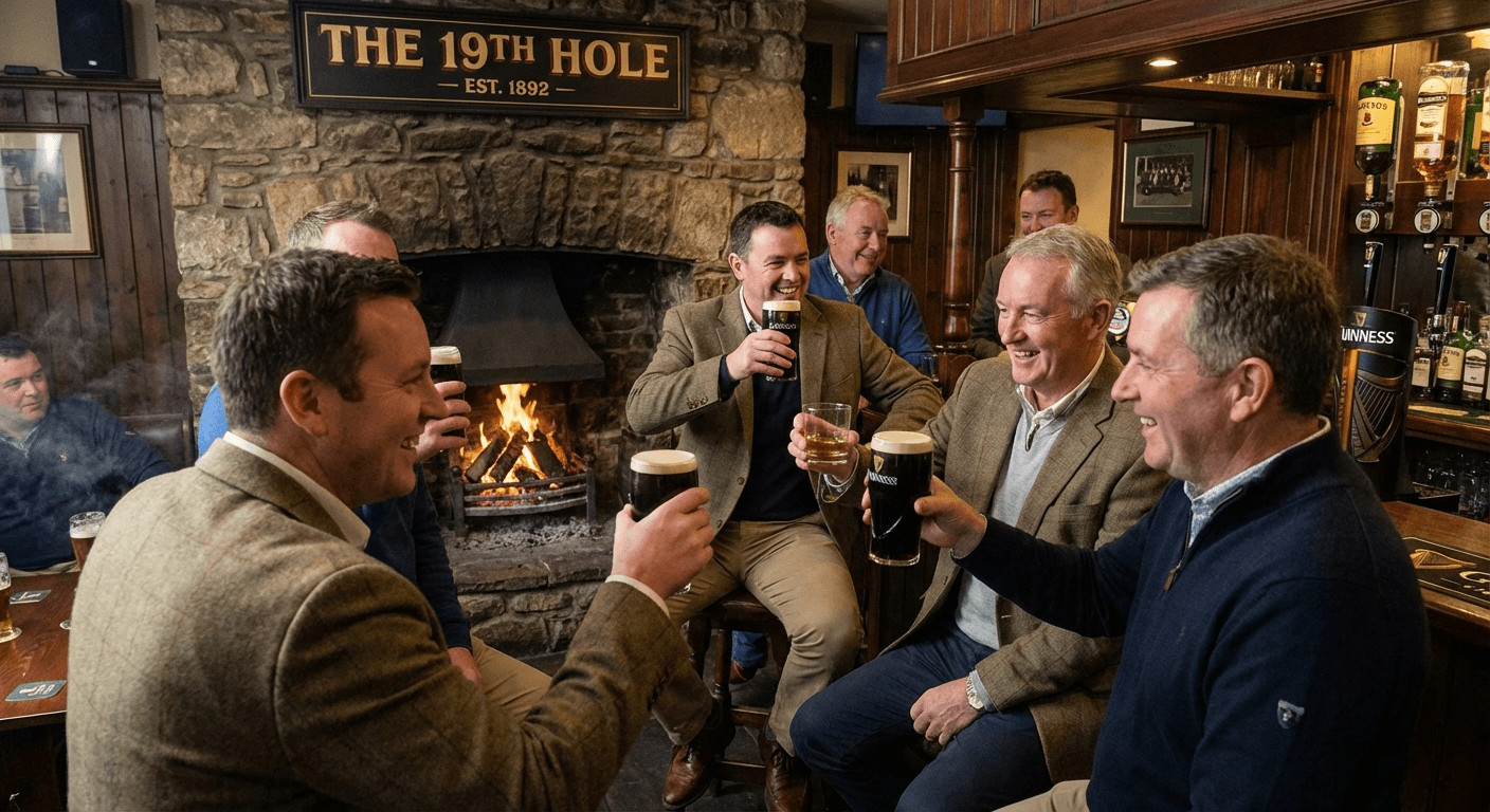Golfers at 19th hole in traditional Irish clubhouse