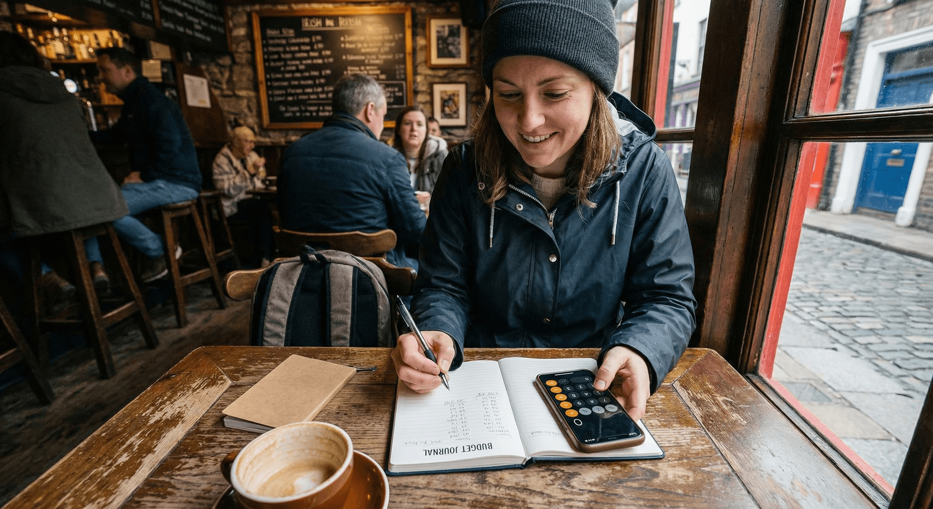 Solo traveler writing in budget travel journal at Irish café