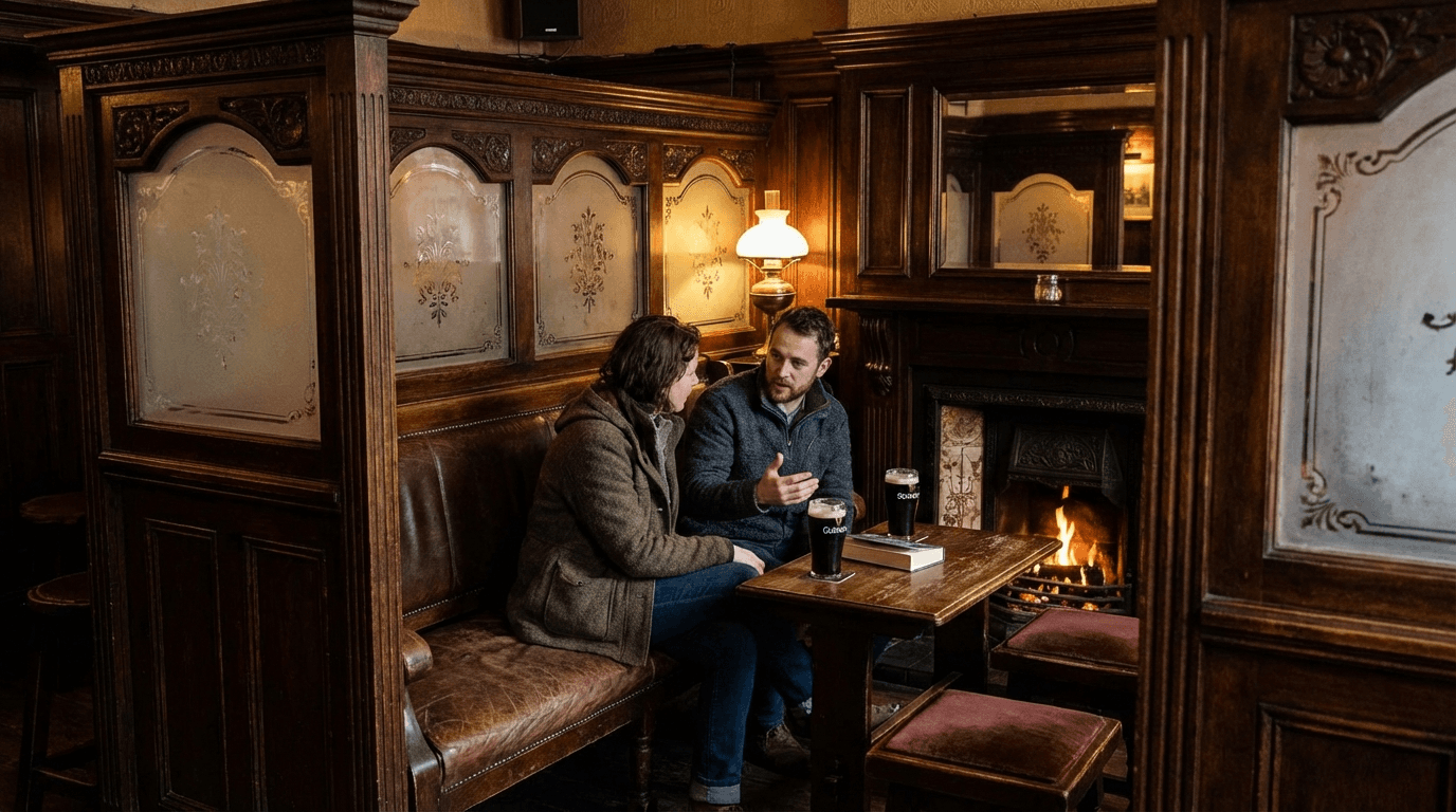 Traditional Irish pub snug with wooden paneling and etched glass, intimate seating area for private conversation