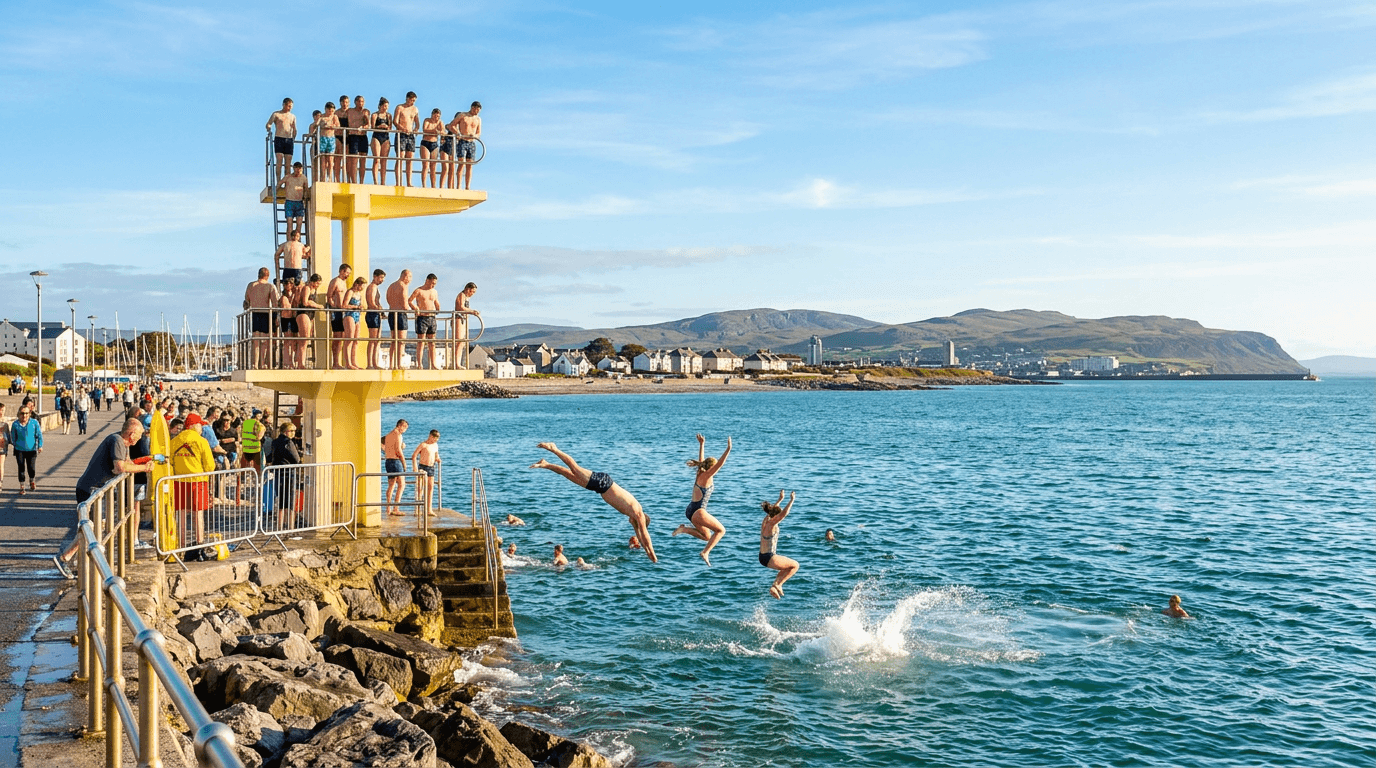 Starting the wild swimming road trip with a jump at Blackrock in Galway.