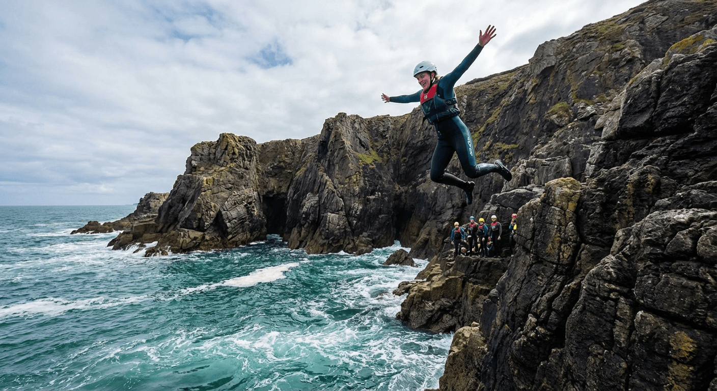 Person mid-air jumping from cliff into ocean during coasteering adventure