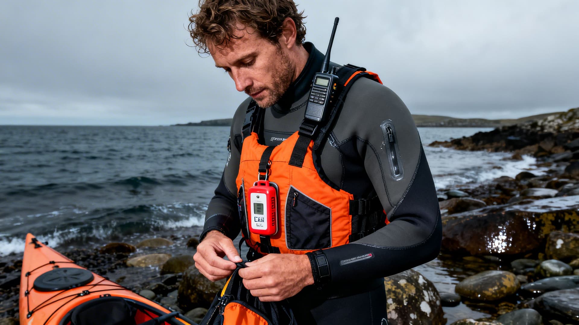 Kayaker with PLB clipped to PFD chest harness at a rocky Irish cove waterline, VHF radio on shoulder strap, checking equipment before launch, dark Atlantic water behind