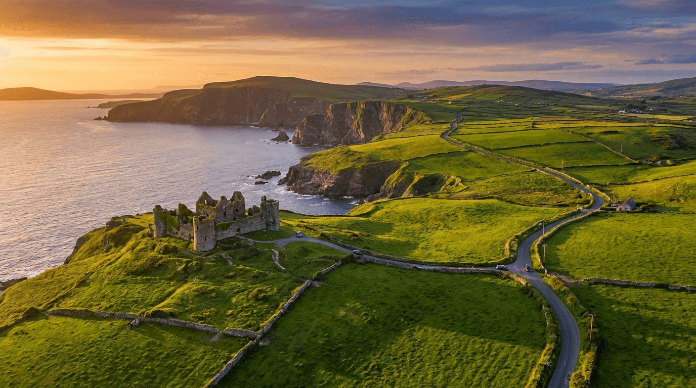 Aerial view of Ireland landscape showing diverse scenery - green hills, coastline, and castle ruins