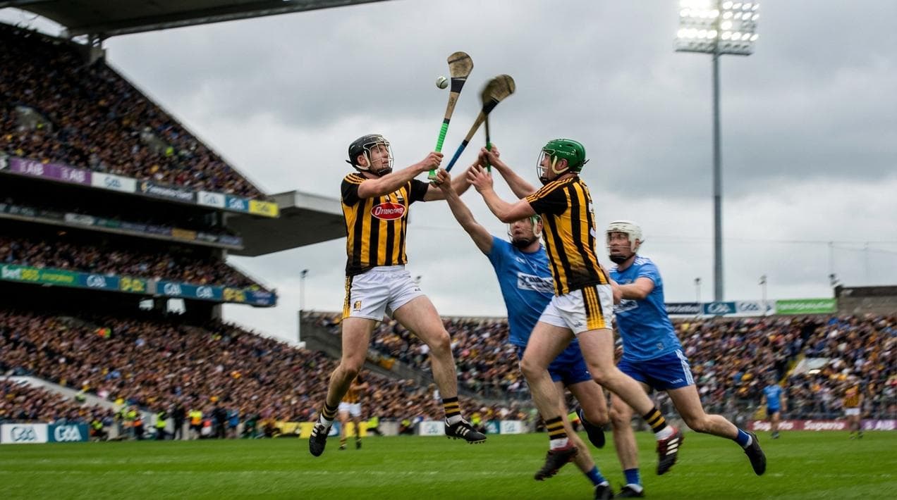 Kilkenny hurling players in action during a match, showing the fast-paced intensity of Ireland's ancient sport