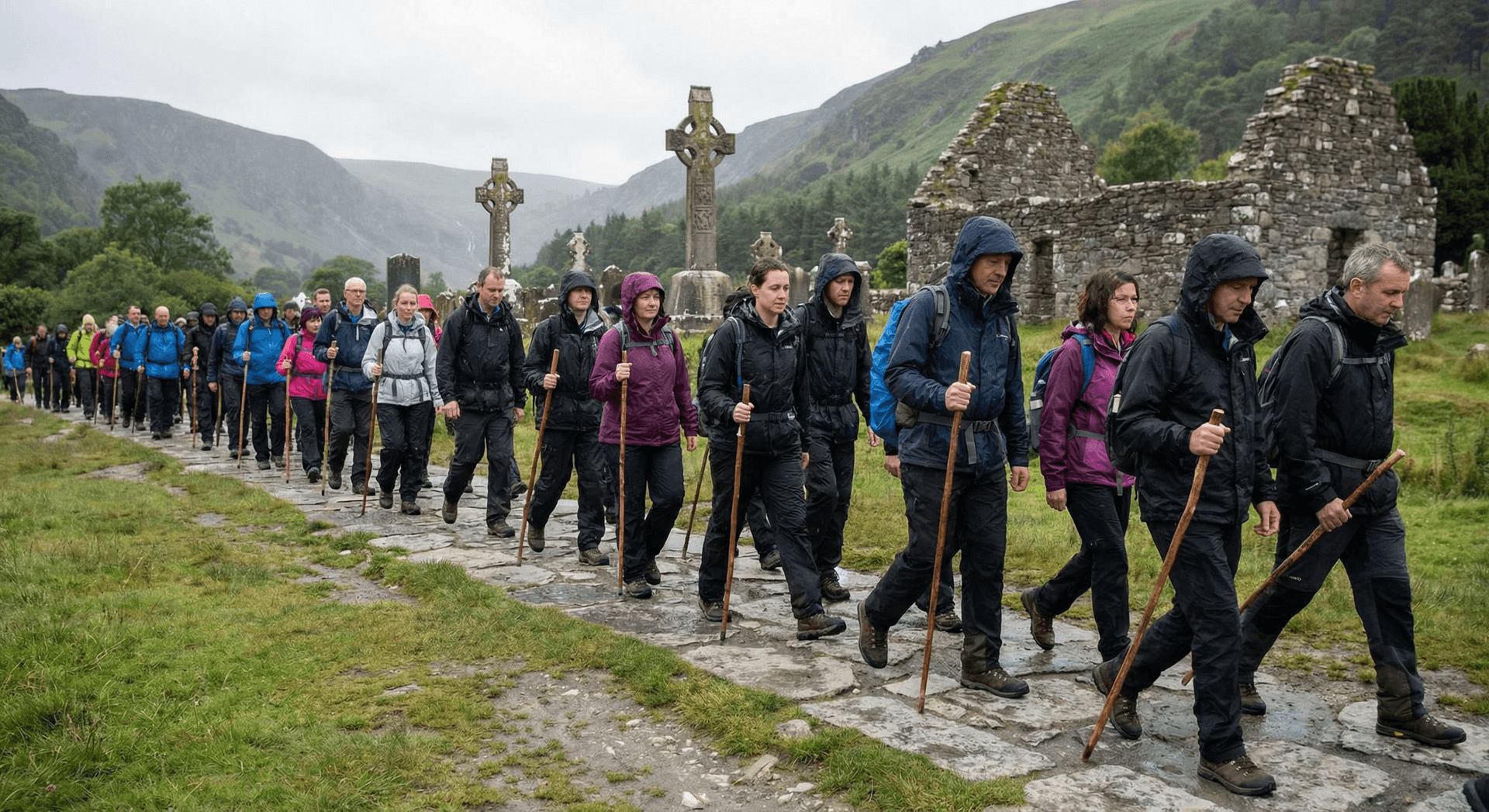 Group of pilgrims walking on path during religious ceremony