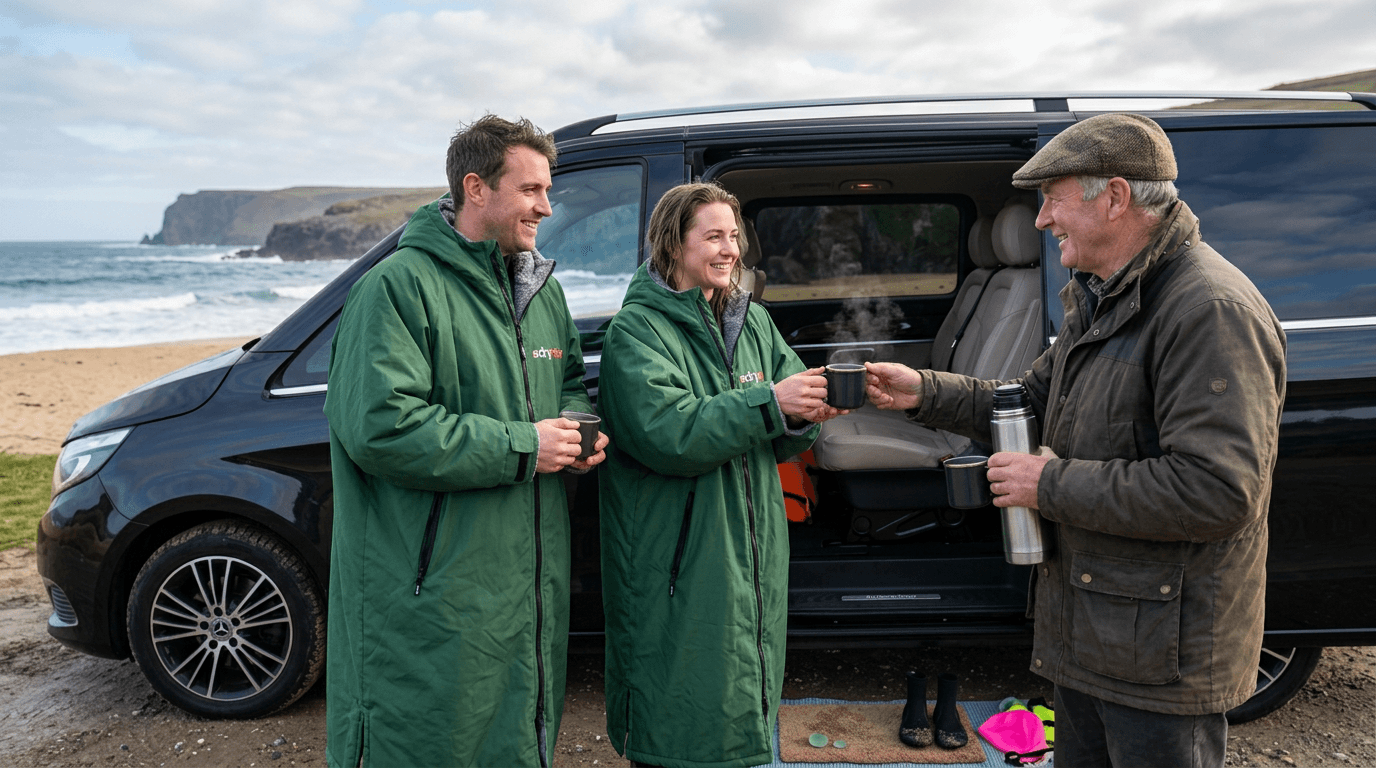 Warming up with a hot drink after a wild swim, assisted by a local coastal guide.
