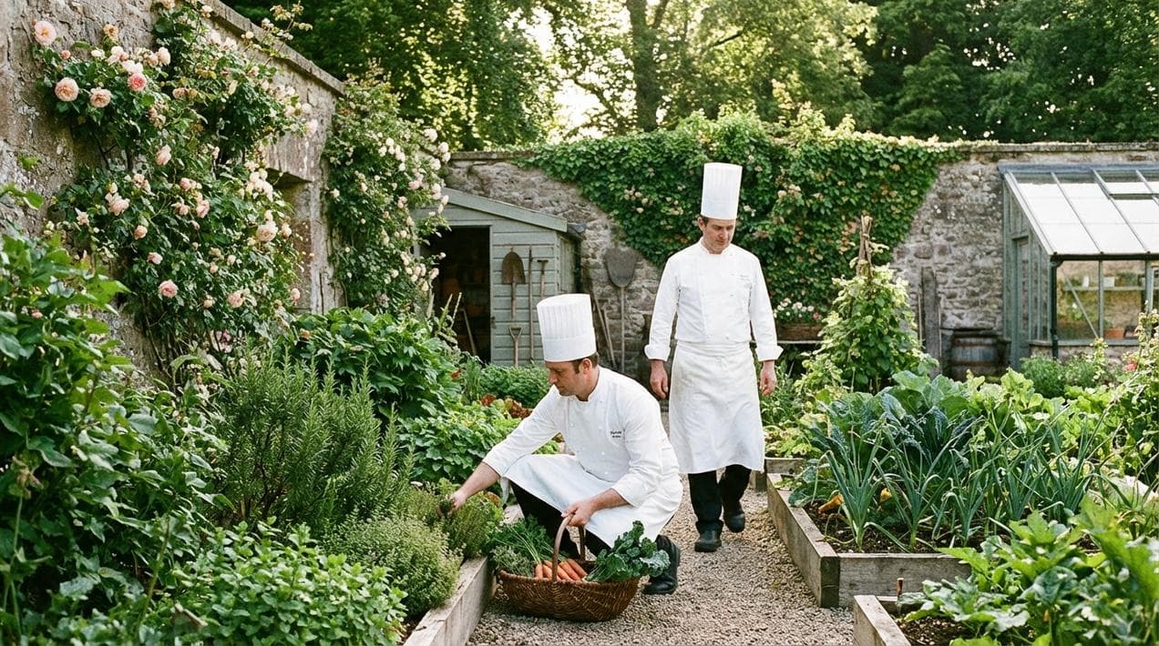 Chef gathering fresh produce from the walled garden at Ballyfin Demesne