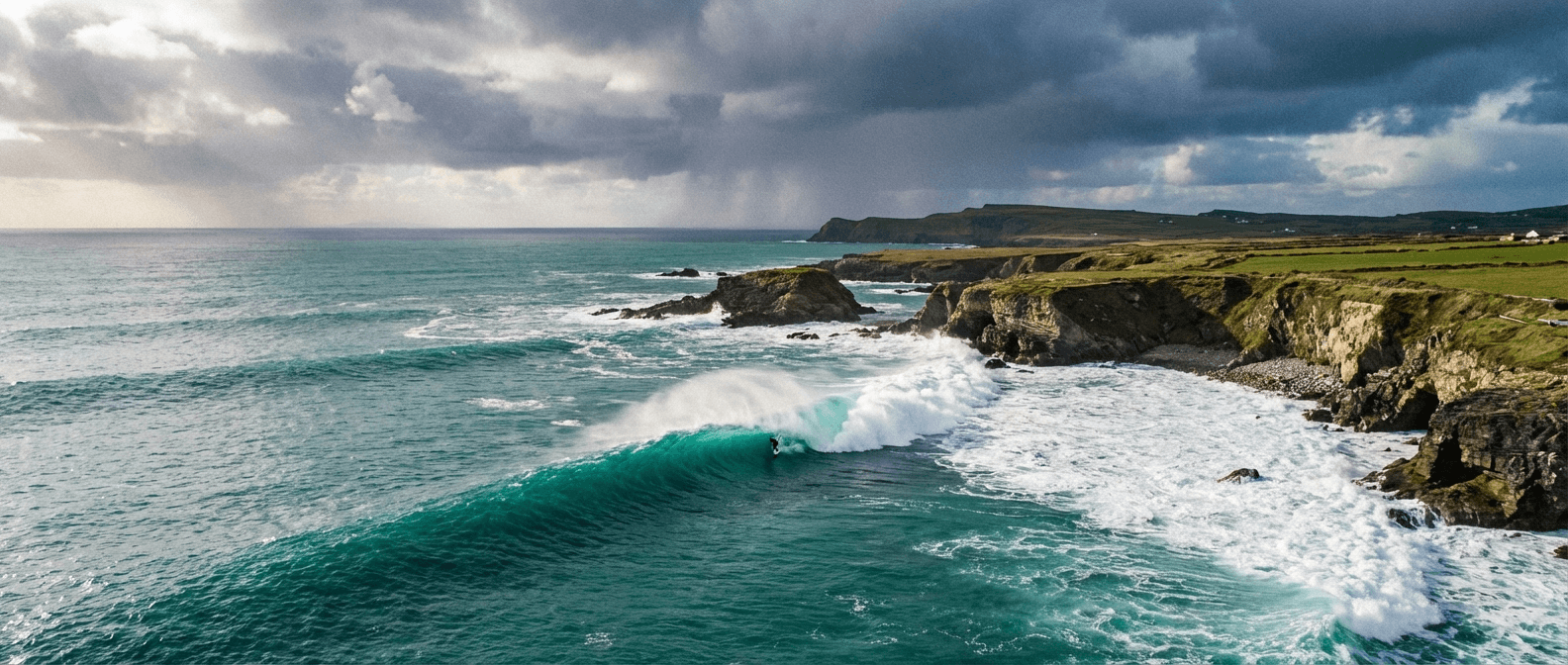 Aerial view of perfect barreling wave along Irish coastline