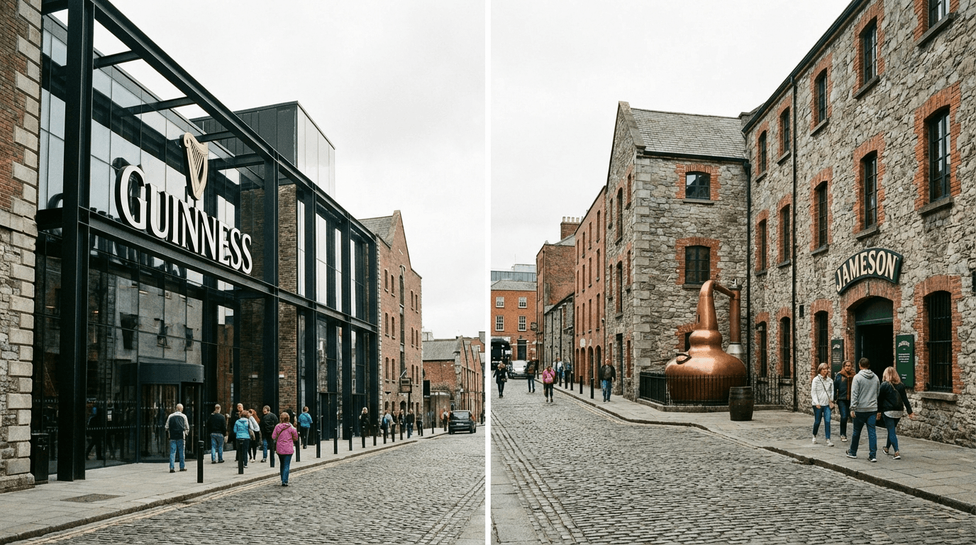Side-by-side comparison showing exterior of Guinness Storehouse modern industrial architecture versus historic stone facade of Jameson Bow Street distillery