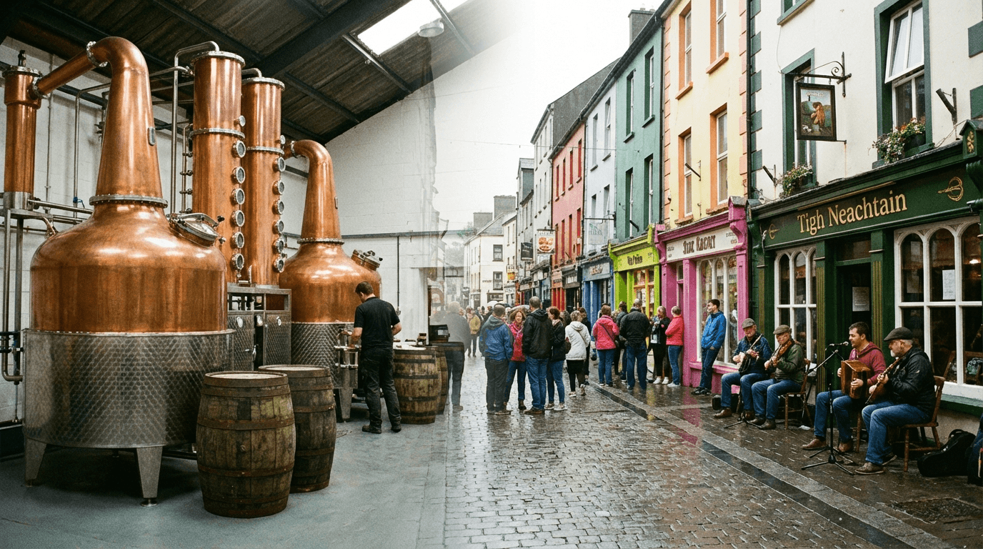 Micil Distillery in Galway with copper stills, plus Galway city street scene with colorful shopfronts and traditional music