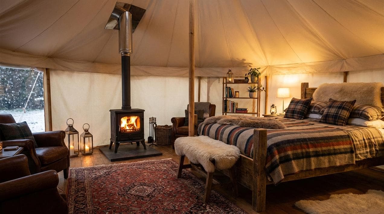 Cozy interior of a luxury yurt with a wood-burning stove