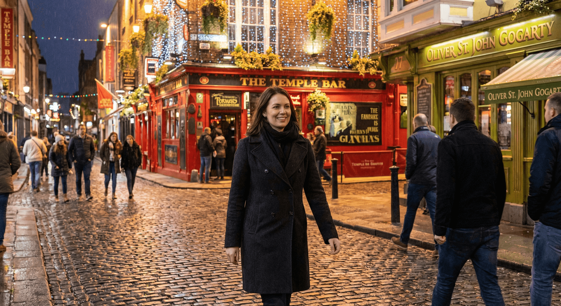 Solo woman walking confidently through Temple Bar area in Dublin at night, colorful pub lights reflecting on cobblestones