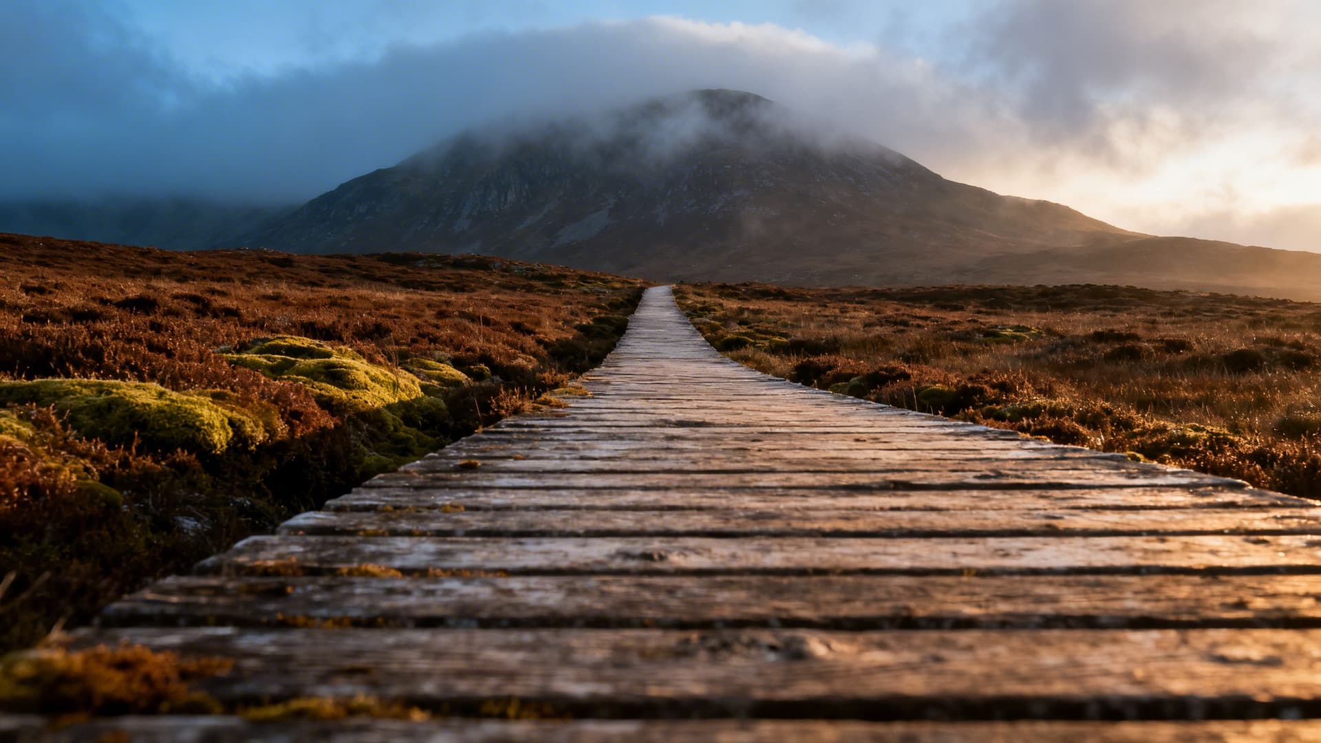 Wooden boardwalk trail stretching across open blanket bog towards the misty summit of Cuilcagh Mountain in County Cavan