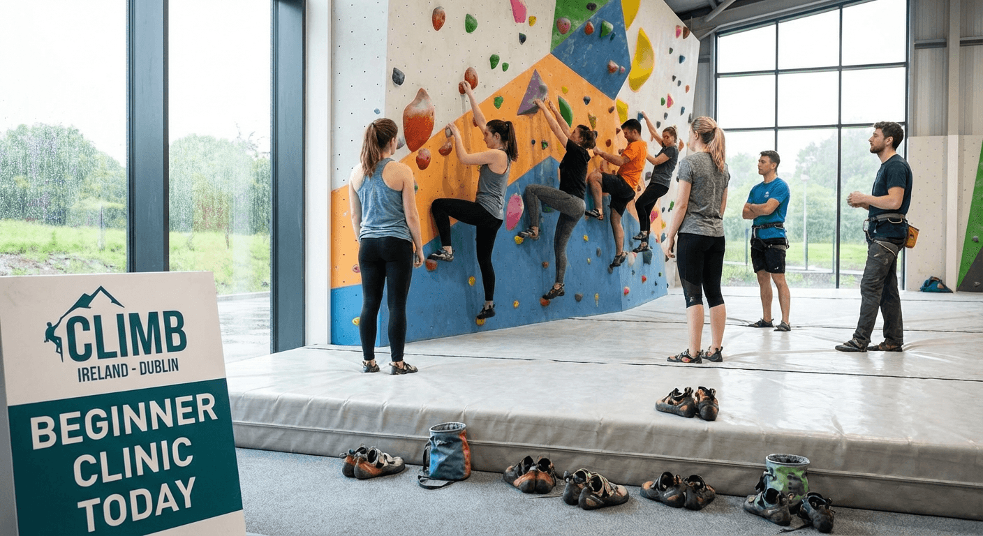 Indoor climbing gym in Ireland with climbers on bouldering wall