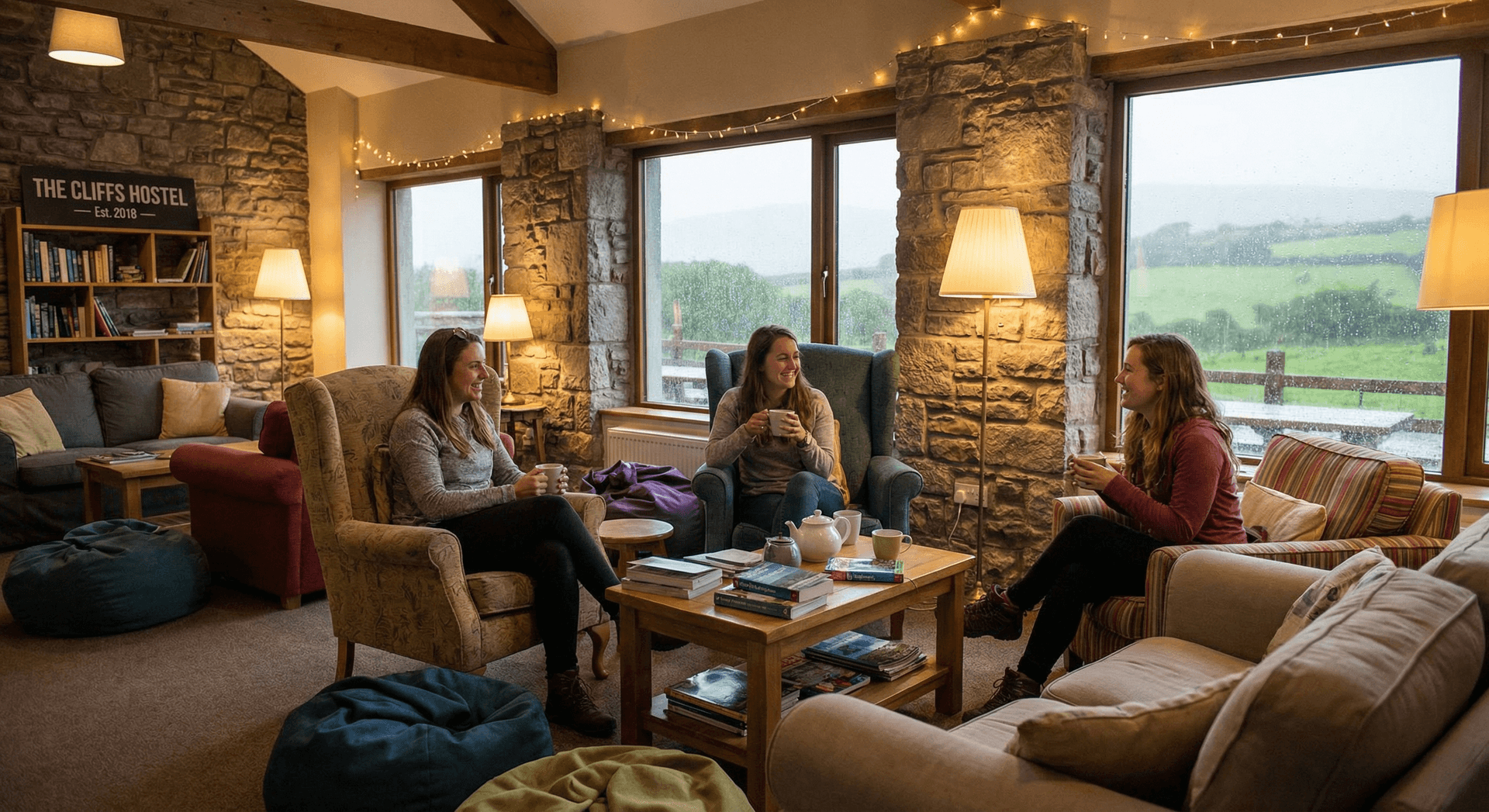Modern hostel common room with solo female travelers chatting over tea