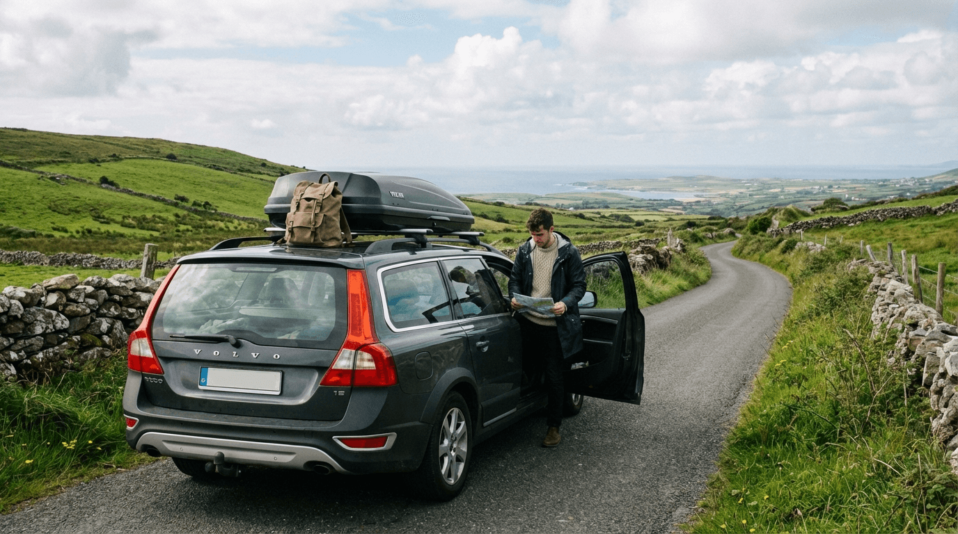 Modern comfortable car on scenic Irish country road with luggage, showing practical road trip setup with driver