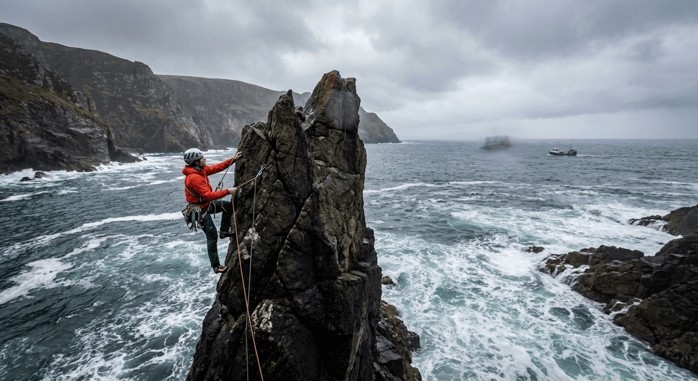 Climber scaling dramatic sea stack rising from Atlantic Ocean