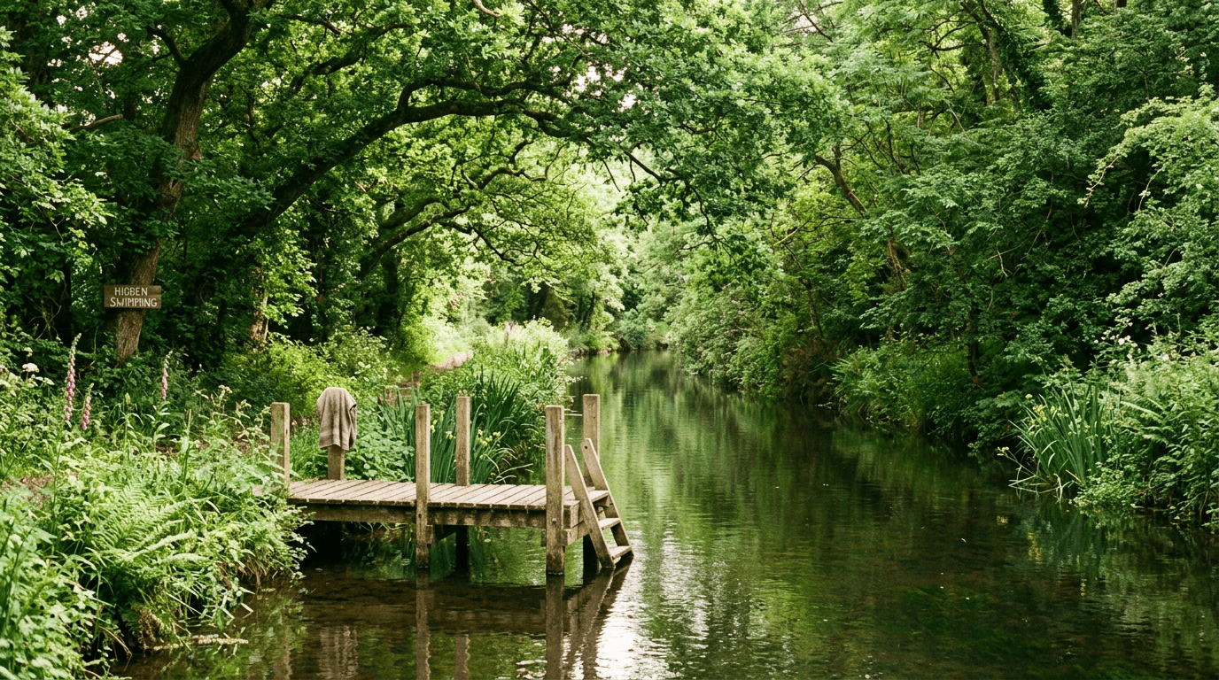 A quiet, tree-lined hidden swimming spot on a river in the Irish Midlands.
