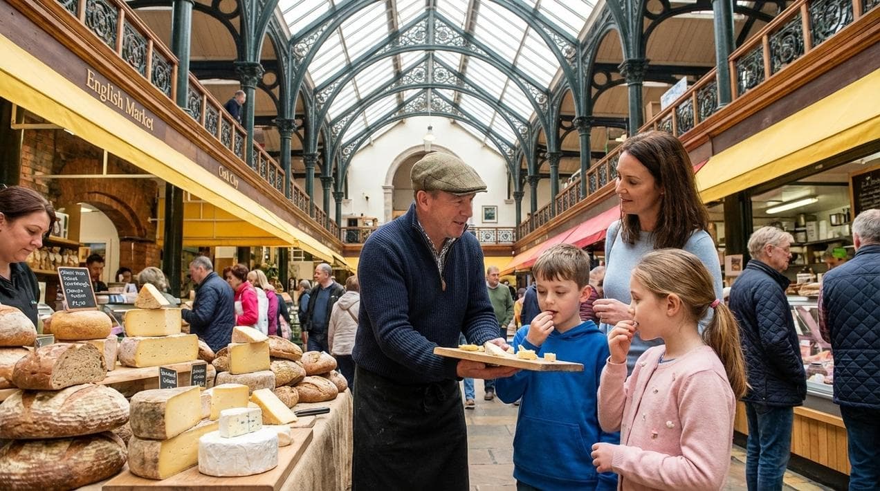 Family tasting local food with a guide at the English Market in Cork.