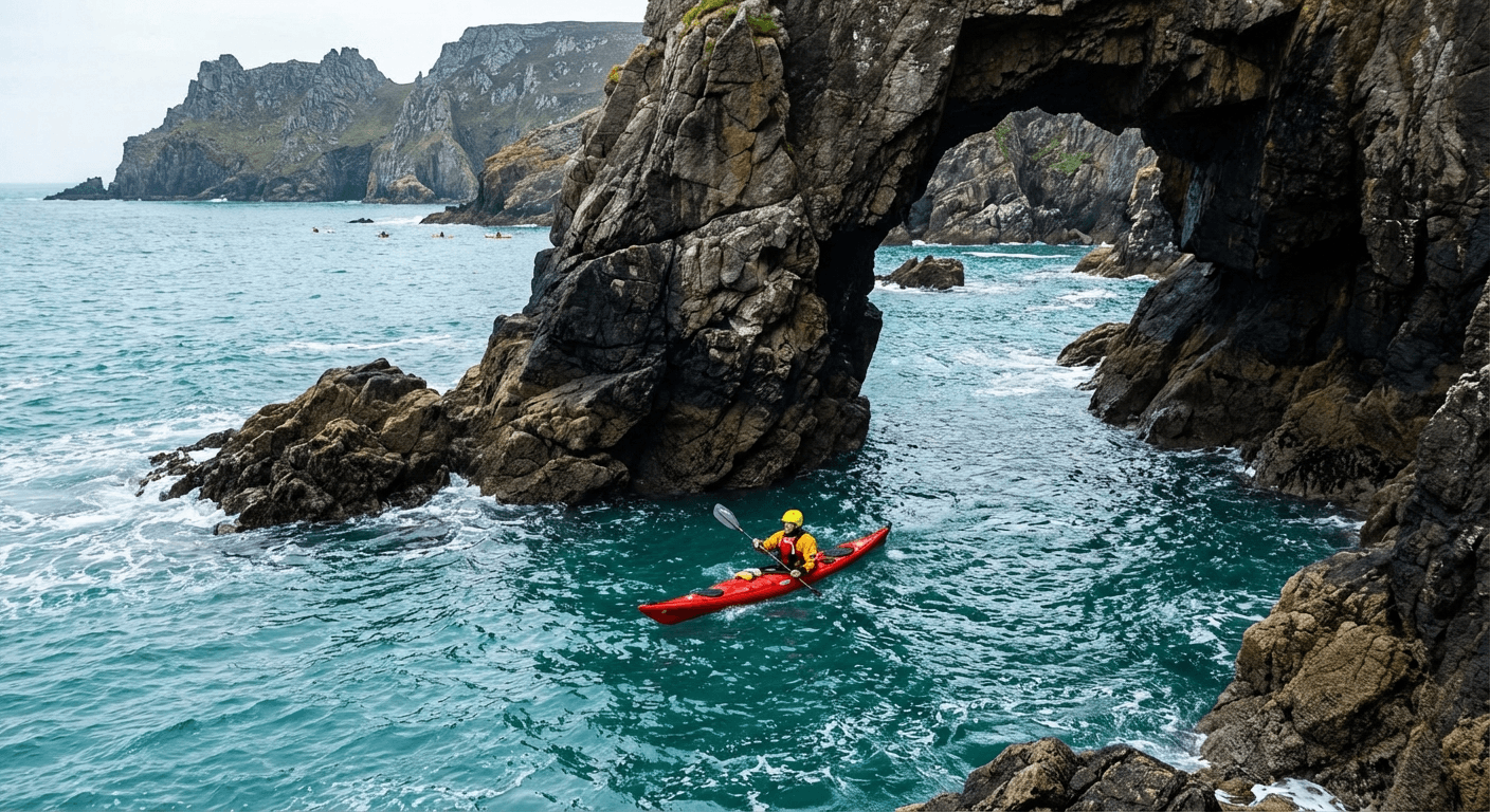 Sea kayaker paddling through sea arches on Irish coast